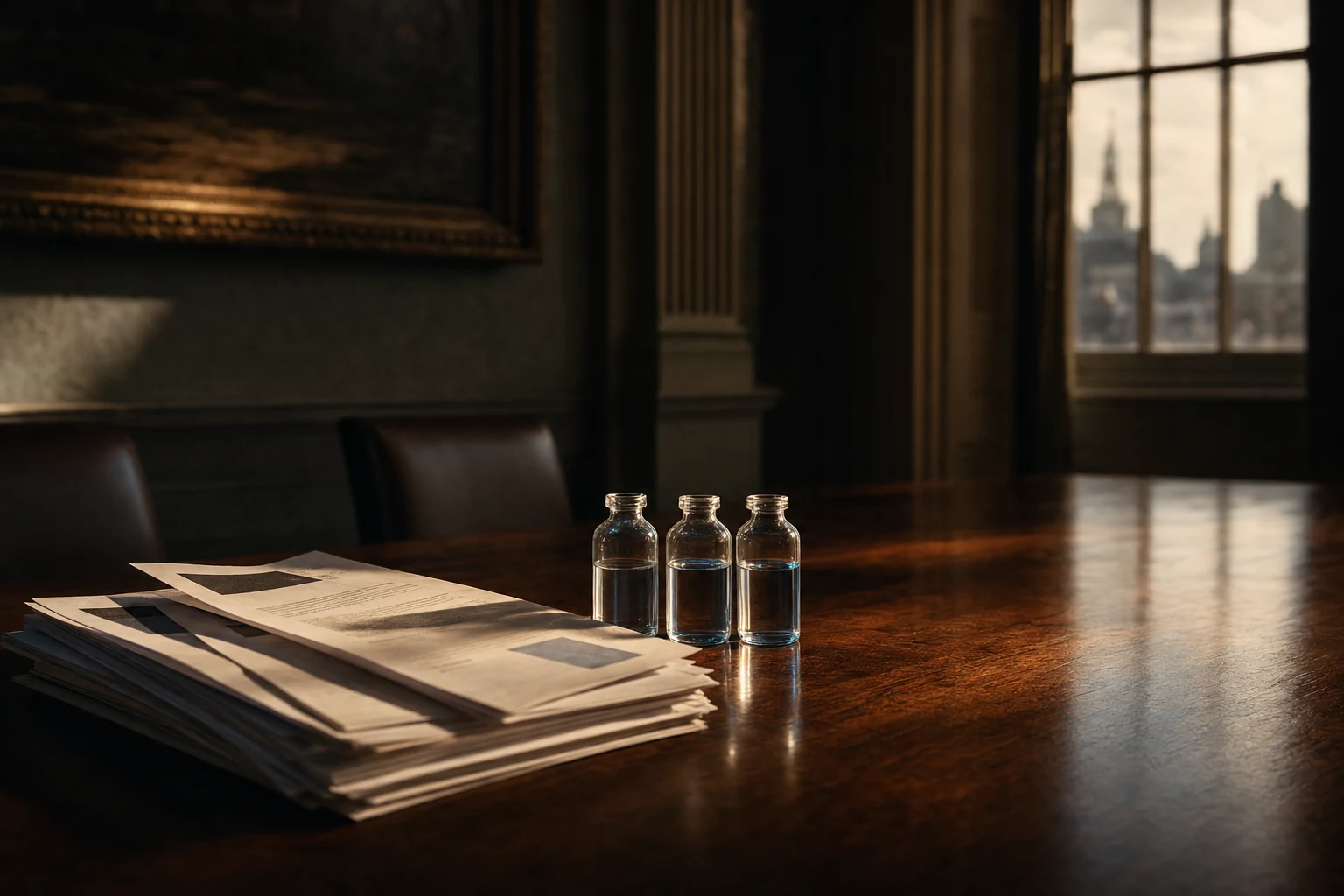 Regulatory documents, sample vials and late London light on a long conference table.